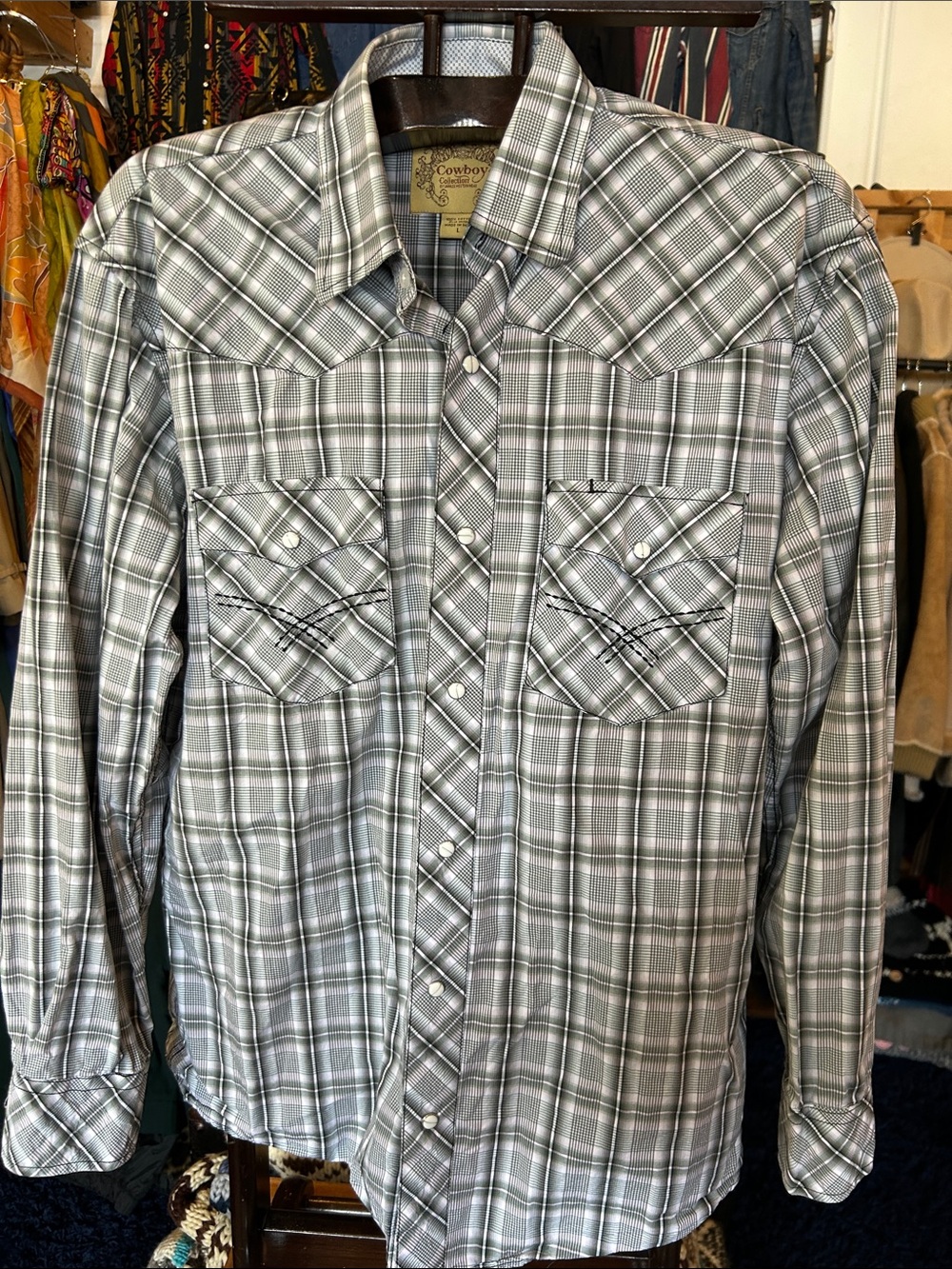 Lammles Men's Gray Plaid Western Shirt with Pearl Snaps and embroidery